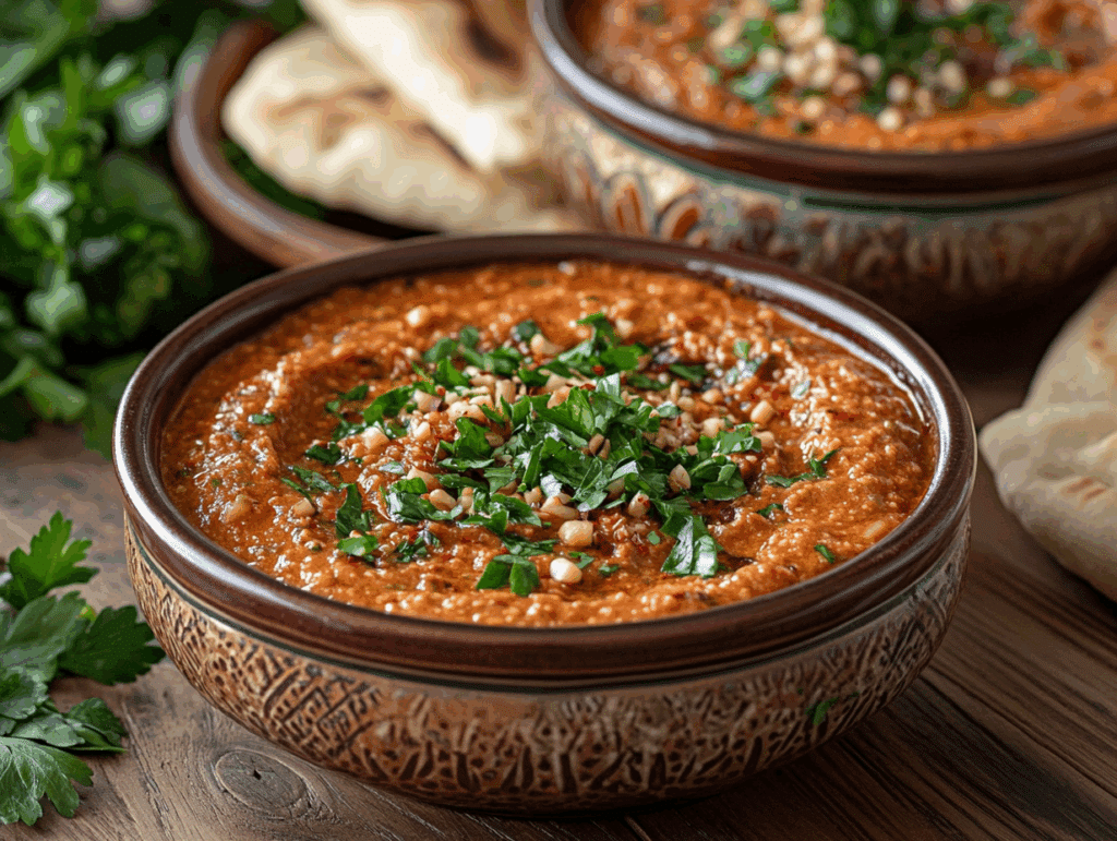 muhammara recipe served with fresh veggies and pita