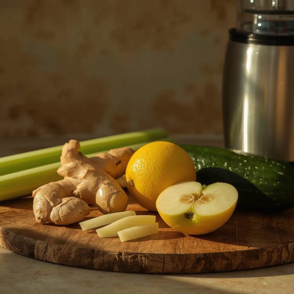 reen juice ingredients including celery, apple, lemon, ginger, and cucumber