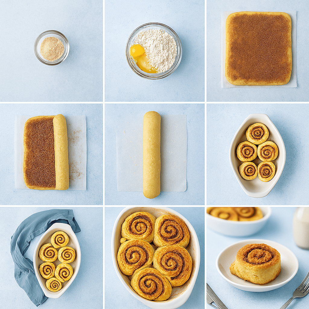 Step-by-step process of making gluten free cinnamon rolls on white marble countertop