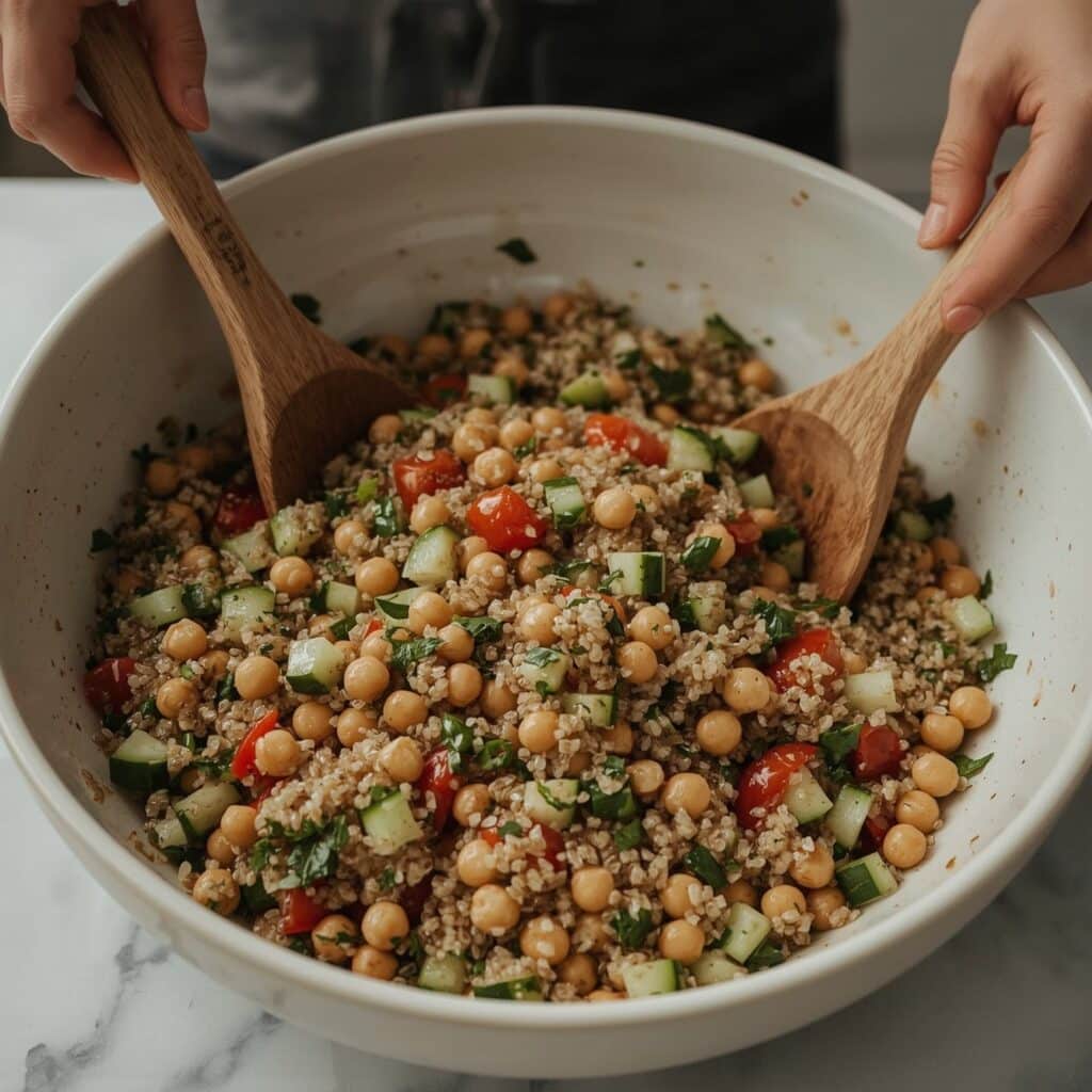 Quinoa salad ingredients including chickpeas, cucumber, red onion, parsley, and lemon