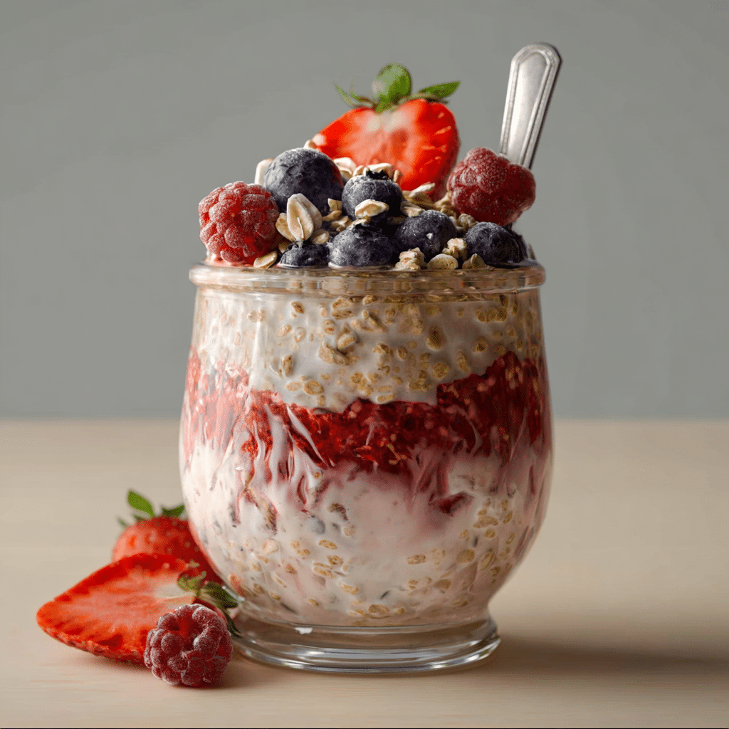 berry cheesecake overnight oats ready to eat with spoon and toppings