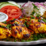 Featured yogurt marinated chicken with rice and vegetables